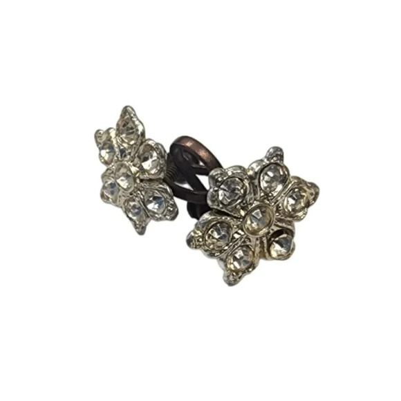 Vintage Rhinestone Flower Screw Back Earrings Silver Tone - Picture 2 of 3